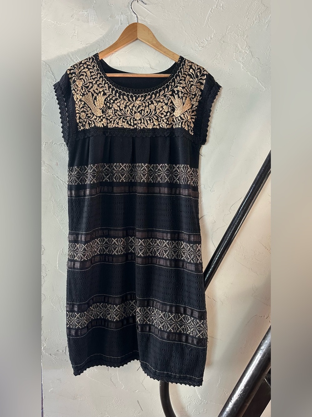 Oaxaca,Mexico Paloma Loom Shift Dress w/Gold Embroidery of Floral & Bird Motifs